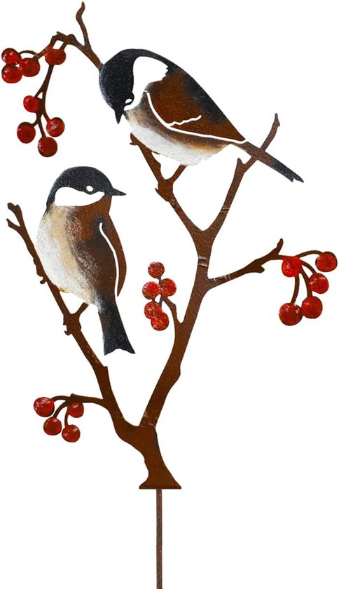 tuinsteker, 60 cm hoog, beschilderde vogel, tuindecoratie voor buiten, metalen meisen en bessen, outdoor tuinfiguren