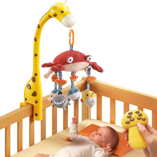 tumama Baby 0-6 maanden kinderbed mobiel wieg speelgoed giraffe muzikale lichten afstandsbediening met spiegel zachte hangende rammelaars slaapliedje roterende projector slapen automatisch uit, dempen