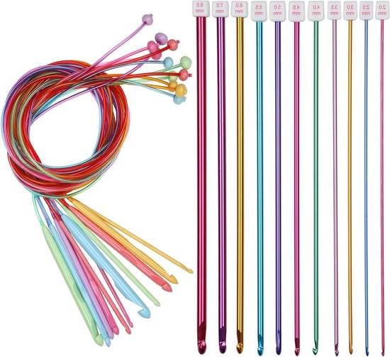 Tunisian Haaknaald Set met 12 Kleurrijke Haaknaalden en 11 Aluminium Haaknaalden voor Beginners en Gevorderden, Perfect voor Afghaanse Projecten en Creatief Haken van Merkloos