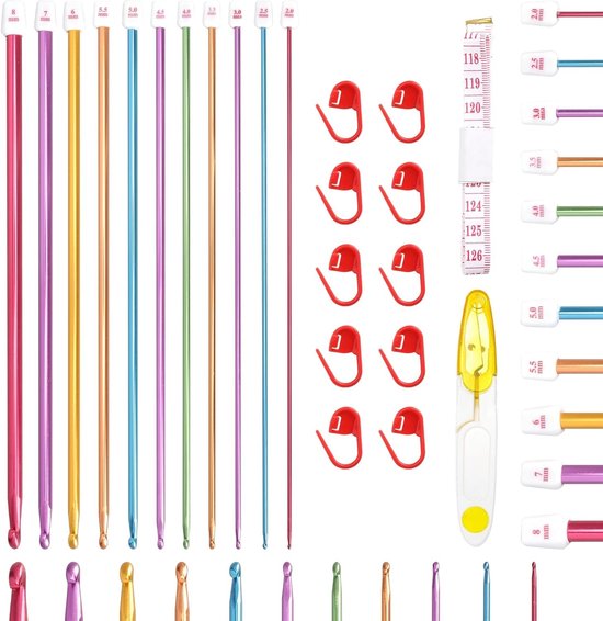 Tunisian Haaknaalden Set van 11 Stuks, 2-8mm, 27cm Lang, Aluminium, Ideaal voor Beginners en Gevorderden