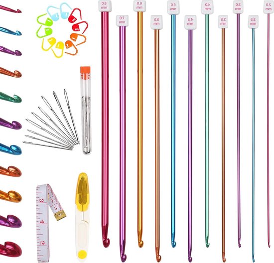 Tunisian Haaknaalden Set van 11 Stuks van Aluminium, 2-8 mm, Ideaal voor Tapijten, Dekens en Beginners, 27 cm Lang met Accessoires van Merkloos