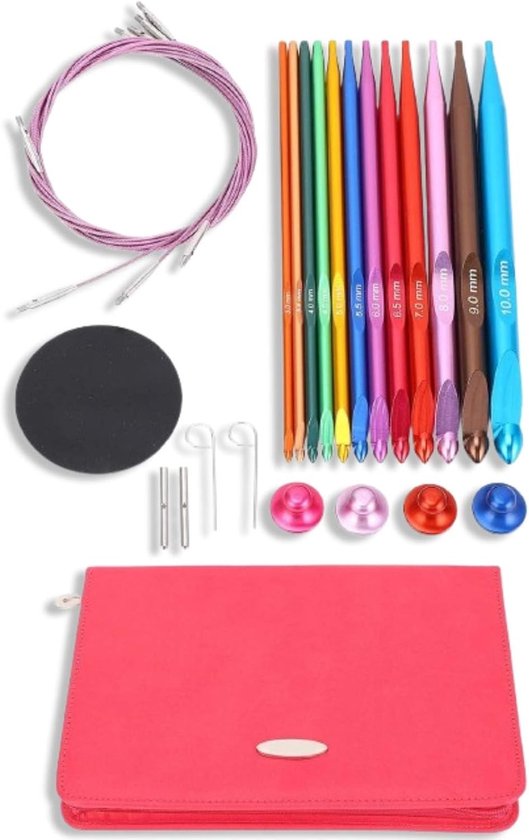 Tunisian Haaknaalden Set van 12 Stuks met Kabel, Kleurrijke Interchangeable Haaknaalden en Aluminium Accessoires voor Breien en Haken