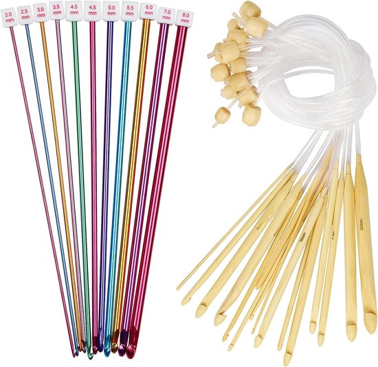 Tunisian Haaknaalden Set van 23 Stuks voor Beginners, 2-12 mm Bamboe en Aluminium, Ideaal voor Tapijten en Sjaals, Perfect voor Creatieve Projecten