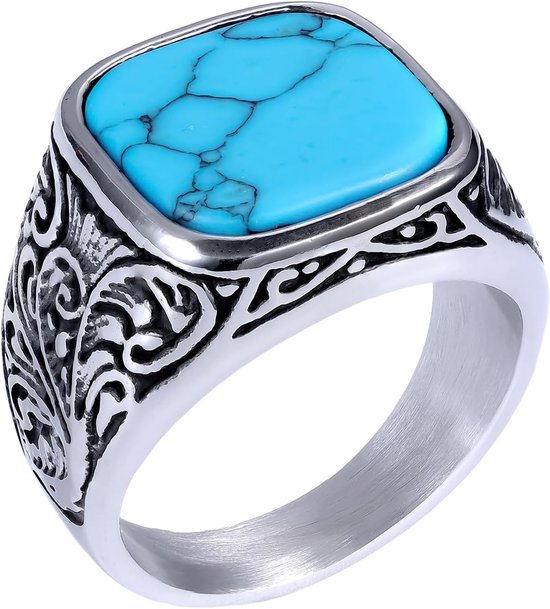 Turquoise ring zegelring voor heren: vintage snijwerk roestvrij staal herenring vierkante vingerring met blauwe turquoise steen retro biker band sieraden cadeau voor mannen maat 70