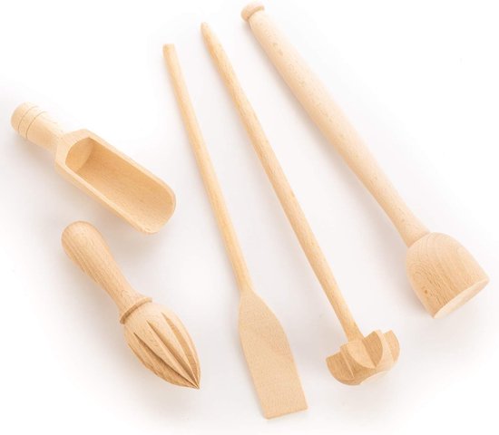Tuuli Keukenhulp, set keuken koken van beukenhout (garen, pannenspatel, kruidenlepel, aardappelstamper, citroenpers)
