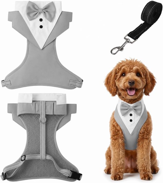 Tuxedo met Strikje - Bruiloft Outfit, Veilig Instaptuigje, No-Pull, Verstelbaar en Gevoerd voor Kleine en Middelgrote Honden en Katten, Grijs, Maat M