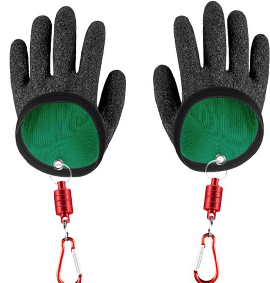 Twee paar vishandschoenen, prikbestendig, bijtbestendig en waterdicht, met magnetische drukknoopsluiting, geschikt voor het veilig hanteren van snoek en meerval.