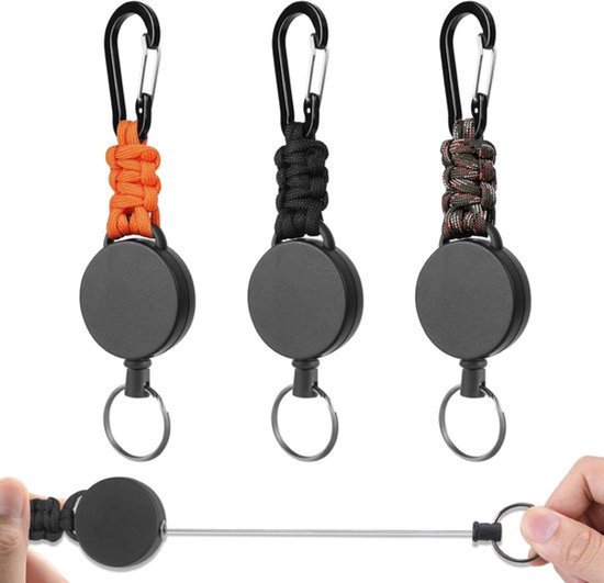 Uitrekbare badge-reel set van 3 stuks, Stevige sleutelhanger met karabijnhaak en 60 cm uitrekbaar staal voor ID-kaarthouder en sleutels