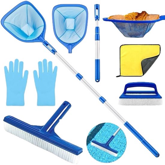 Ultiluxe® Zwembadschepnet met stang - Blauw - Complete set voor zwembad accessoires - 185 cm lang - Handborstel, grote borstelkop, schepnet, steel, handschoenen, doek - Reiniging en onderhoud - Borstelset - Reinigingsset
