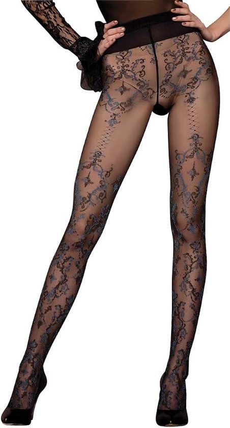 Unbekannt Ballerina damespanty zwart-blauw, 20 DEN, met patroon, jarretellook
