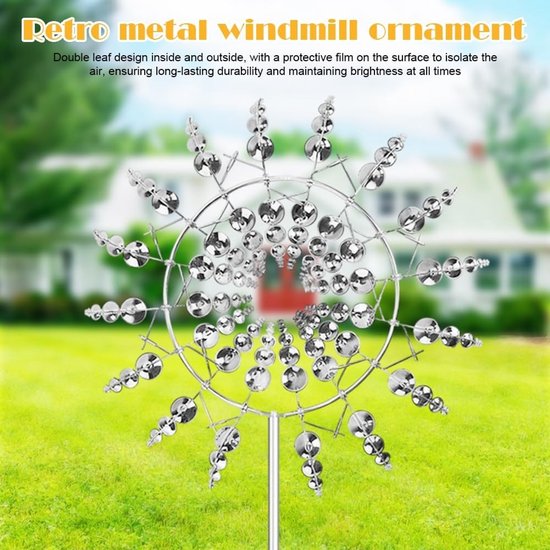 Unieke metalen windmolen met 360° dual rotors, kinetische windspinner en 3D sculptuur voor tuin, patio en gazon (Zilver)