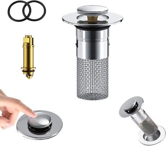 Universele Pop-Up Afvoerstopper met Anti-Verstop Filter voor Keuken, Badkamer en Wasbak - RVS Afvoerfilter voor Afvoeropening 34-40 mm