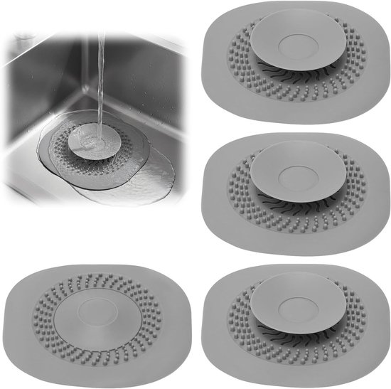 Universele Siliconen Afvoerstopper Set van 4 voor Wasbak, Bad en Gootsteen met Zeeffunctie en Hoge Dichtheid, Flexibele Afvoerstopper in Grijs