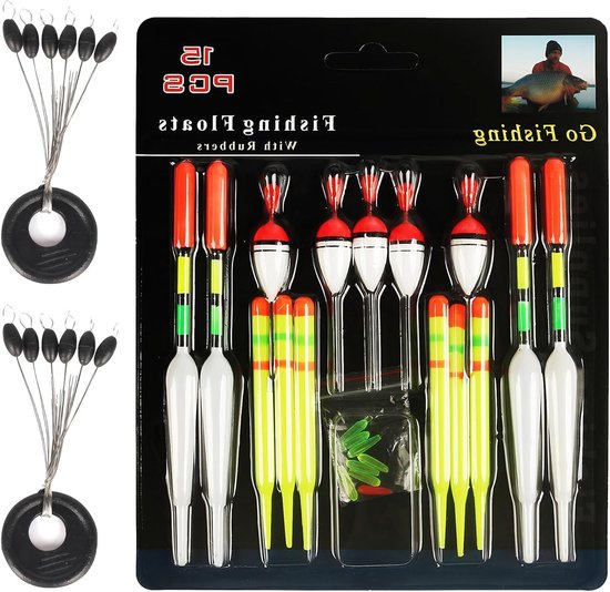 Universele Vlotters Set van 15 Vlotters en 2 Ruimtebonen voor Roofvissen, Ideaal voor Zoet- en Zoutwater, Perfecte Visaccessoires voor Meren, Vijvers en Rivieren