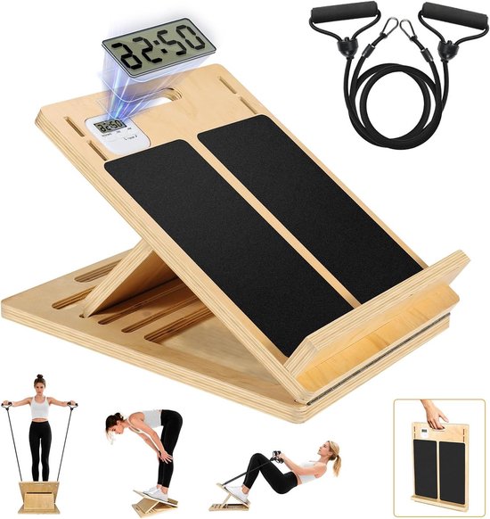 Upgrade je Tijdregistratie met een Houten Kuit Stretch Board - 4 Verstelbare Hoeken, Antislip, Inclusief Stretch Bands voor Thuis en de Sportschool