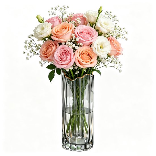 Vaas, glazen vaas voor tafeldecoratie, geribbelde glazen vaas, grote bloemenvaas, transparante bloemenvaas, modern, voor decoratie, woonkamer, woondecoratie, boeket, bouwset (grijs/goud
