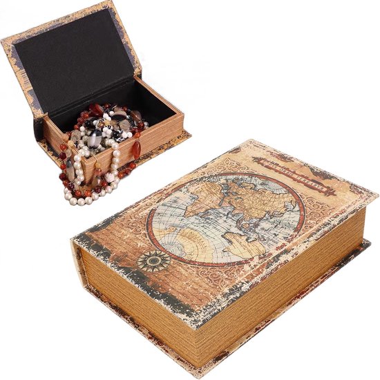 Valse boekenbox, vintage, Europese wereldkaart, oude boeken, decoratie, boekaattrap, 21,5 x 30 x 7,5 cm, namaakboek, doos, sieraden, schatkist voor bureaus, planken, decoratie