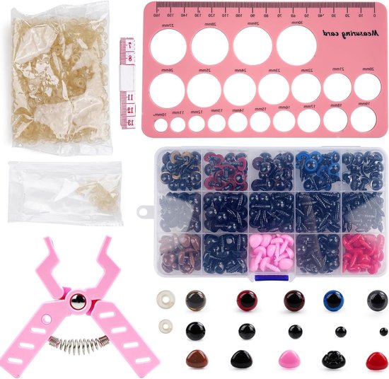 Veiligheidsogen en Neus Set voor Amigurumi Haken met 752 Stuks in Roze en Rood met Meetstaaf en Tangen