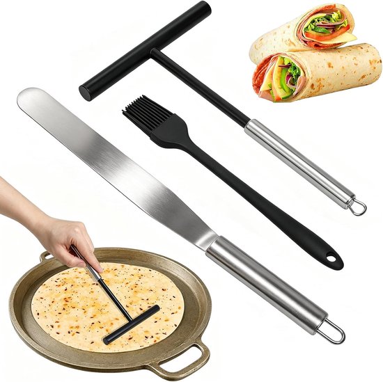 Verdeler set 3 stuks, T-vormige deegverdeler van roestvrij staal, spatel en kookkwast, voor gelijkmatig verdelen van pannenkoeken- en crêpedeeg, vaatwasmachinebestendig, keukenbakaccessoires