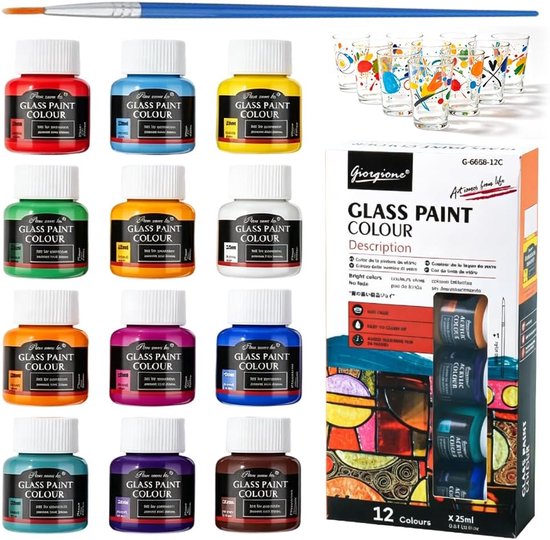 Verf, 12 x 25ml acrylverf, watervast, acrylverfset, vaatwasbestendige porseleinverf, keramiek beschildering set voor kunstenaars, beginners, volwassenen op meerdere glasoppervlakken