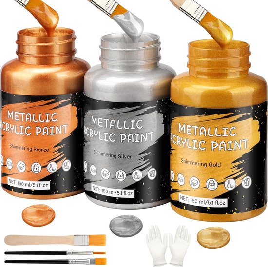 Verf metallic goud, lichtechte bladgoud (metallic goud zilver brons) - Ideaal voor canvas, hout, keramiek, steen, knutselbenodigdheden, acrylverf, zilver, metallic goudlak, bladgoud