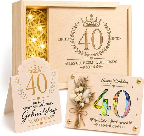Verjaardag 40e van hout, 40e geldcadeau, verpakking geschenkdoos met gelframe, gedroogde bloemen, cadeau voor 40e verjaardag, vrouw man, verjaardagscadeau voor levenspartner