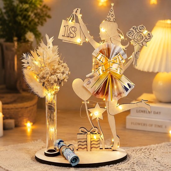 Verjaardag vrouw meisjes, geldgeschenk 18e verjaardag meisje - Houten bord gastenboek met led-lichtsnoer, reageerbuis en strik, jeugdfeest, verjaardagscadeau, decoratief hout