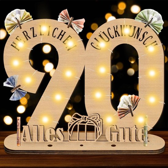 Verjaardagscadeau voor vrouwen en mannen, 90e verjaardag man originele geldgeschenken houten bord met LED gastenboek, 90 gastenboek decoratie voor jubileum, gepersonaliseerd cadeau