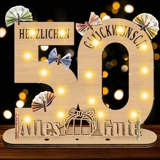 Verjaardagsdecoratie, origineel houten bord met led-gastenboek, cadeau voor mannen en vrouwen, decoratie, geldcadeaus voor jubileum, gepersonaliseerd cadeau
