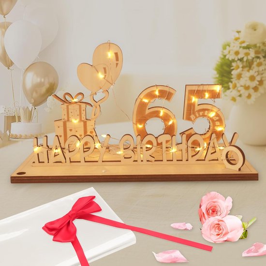 Verjaardagsdecoratie voor mannen en vrouwen, geldgeschenken met led-lichtketting vlinderdas en cadeaupapier, houten bord, gastenboek, 65 jaar, bruiloft, jubileum, tafeldecoratie