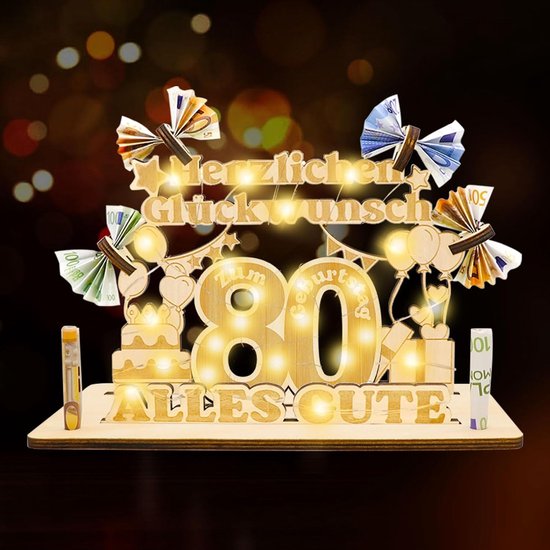 Verjaardagsdecoratie voor vrouwen en mannen, geldgeschenken voor verjaardag, houten bord, gastenboek, cadeaus voor de 80ste verjaardag, met led-lichtsnoer, gepersonaliseerd cadeau, 80ste