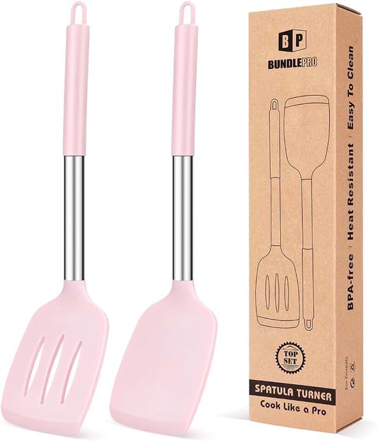 Verpakking van 2 Silicone Solid Turner, Non-Stick Slotted Keuken Spatules, Hoge hittebestendige BPA gratis kookgerei, Ideaal kookgerei voor vis, eieren, pannenkoeken (Roze)