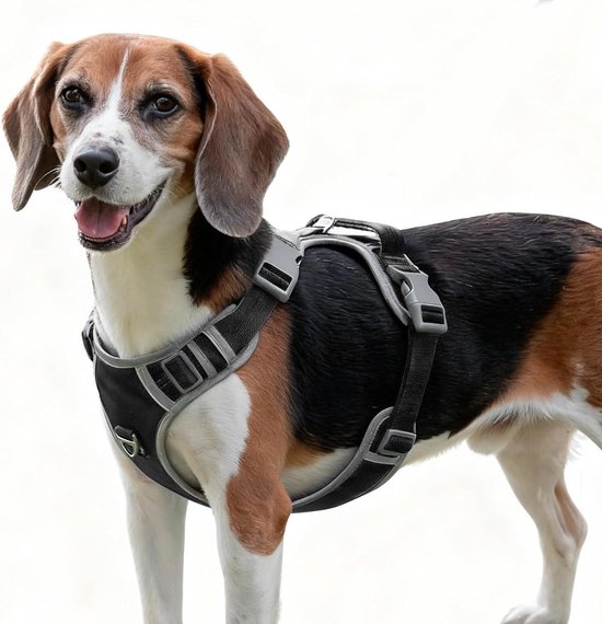 Verstelbaar en Zacht Hondentuig voor Medium Honden - No-Pull Tuig met Reflecterende Accenten en Handvat voor Training en Wandelen, Zwart, M