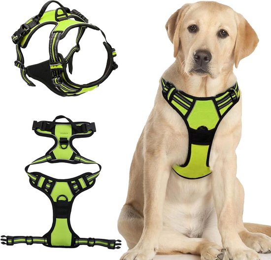 Verstelbaar Hondentuig voor Grote Honden, Geen Trek Tuig met Reflecterende Strepen, Comfortabel en Veilig voor Medium en Grote Honden, Groen