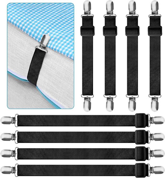 Verstelbare Bedlinnen Spanners met Metalen Clips, 8 Stuks, Elastische Bedlinnen Tensioners voor Matras, Dekbed en Bank, Ideaal voor Strak Bedlinnen en Strijken