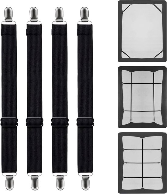 Verstelbare Elastische Hoeslaken Spanners, 4 Stuks met Metaalklemmen, Antislip, Geschikt voor Bed, Hoekbank en Matras tot 200 cm