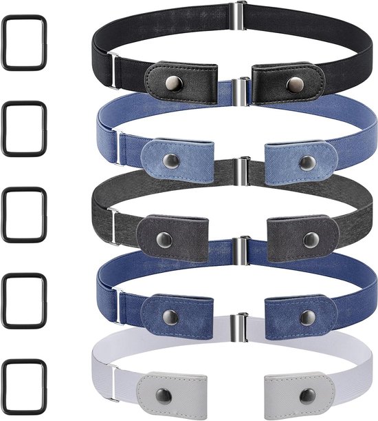 Verstelbare elastische riem zonder gesp - Onzichtbare stretch riem voor heren en dames, ideaal voor jeans, broeken en jurken - Set van 5 stuks in wit, grijs en zwart