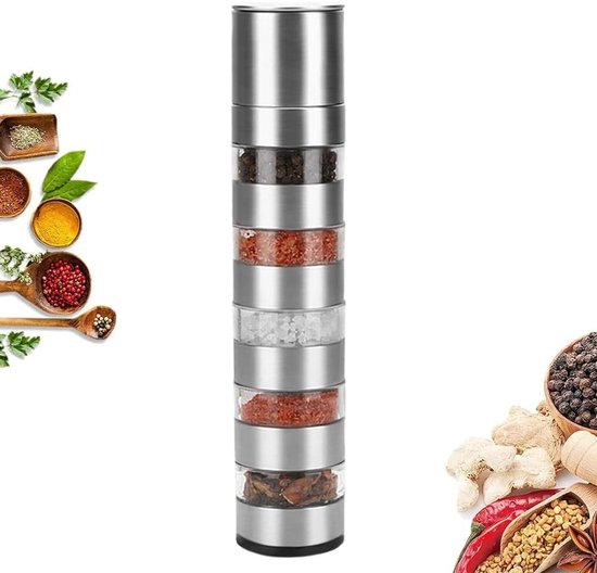 Verstelbare Handmatige Molen voor Zout, Peper, Chili en Diverse Kruiden - 5-in-1 Keukenaccessoire voor Perfecte Kruidensmaak