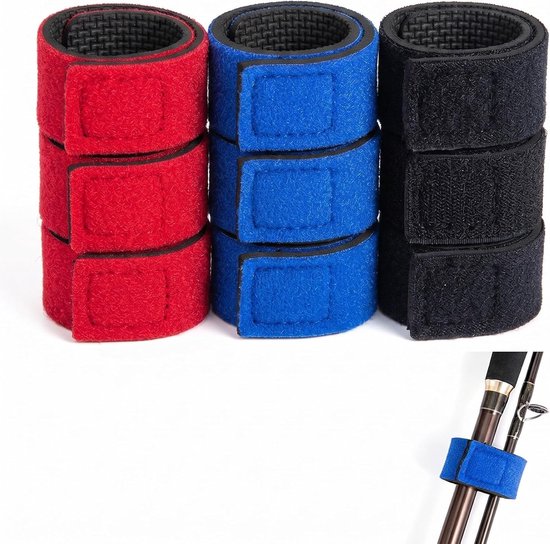 Verstelbare hengelriemen met klittenbandsluiting - 9 stuks elastische bevestigingsbanden in 3 kleuren voor vissport en outdooractiviteiten