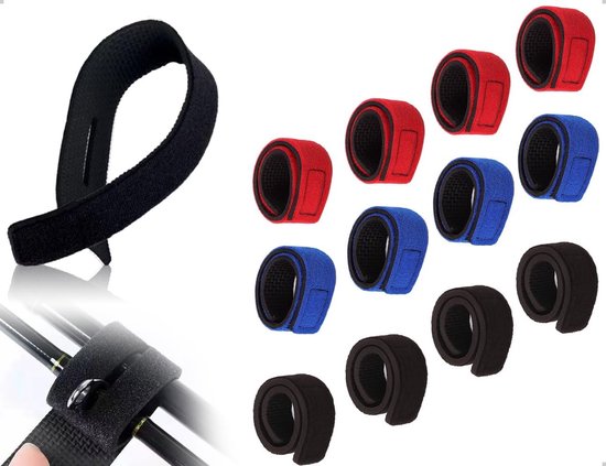 Verstelbare hengelriemen set van 12 stuks, elastische hengelbanden en accessoires voor kunstaas en vissen (zwart, rood, blauw) van Merkloos