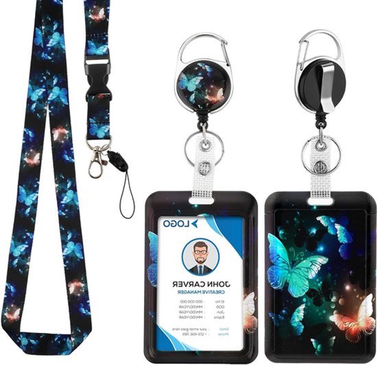 Verstelbare lanyard met ID-badgehouder, uitrekbare badge-reel en draaibare broekclip voor onderwijs, werk en evenementen