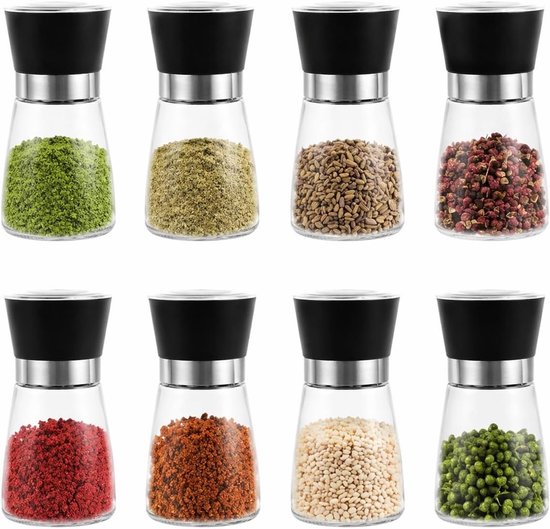 Verstelbare Pepermolen met Keramische Maalmechanisme - 8 Stuks 180 ml Zout- en Specerijenmolen voor Peper, Chili en Zout