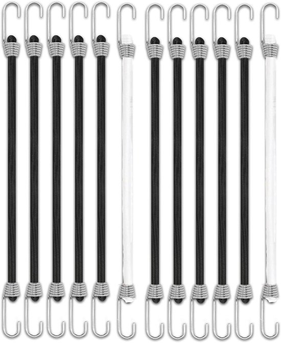 Verstelbare Tension Rubber met Haken, 25 cm, Set van 12, Ideaal voor Camping, Outdoor en Huishoudelijk Gebruik, Zwart en Wit, Multifunctionele Luggage Tensioner