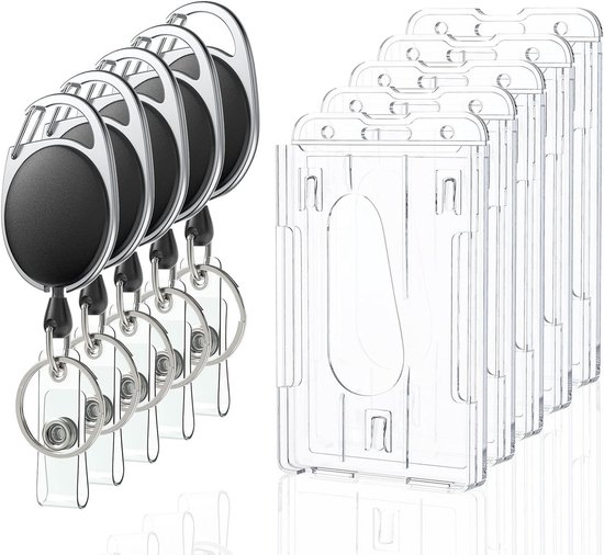 Verticale 2-kaart badgehouder met duimgleuven, harde transparante PC-case en retractable badge reel carabiner clip voor ID's, creditcards en rijbewijzen - 2-pack