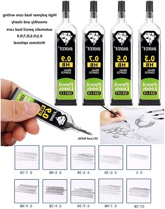 Vervangbare 0.3mm HB Vulloodjes voor Mechanische Potloden, Schokbestendig en Duurzaam, 30 Stuks in Tubes