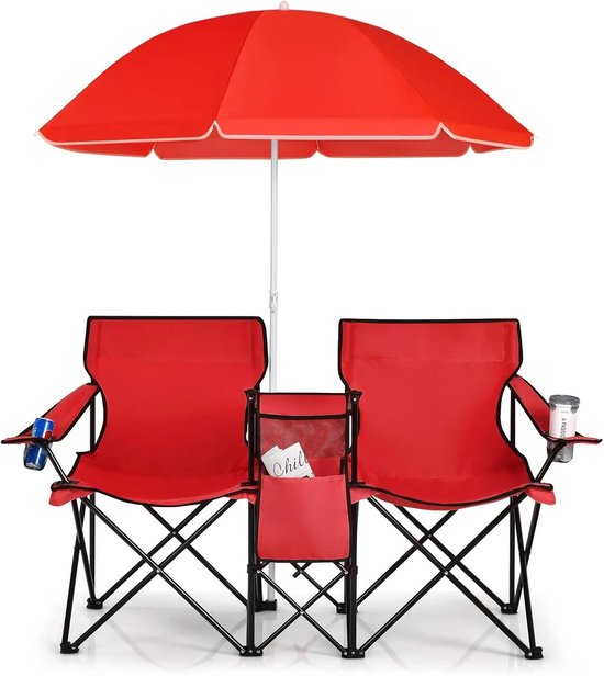 VIEMAE 2-zits Campingstoel met parasol, koeltas, bekerhouder, zijvak - Vouwstoel - Visstoel - Opvouwbaar - Incl draagtas - Rood