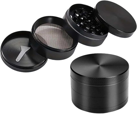 Vierdelige Premium Zink Legering Specerijenmolen met Zeef en Magnetische Deksel voor Droge Kruiden en Specerijen - Draagbaar en Duurzaam, Zwart 40