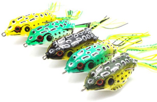 Vijf kikker kunstaas, oppervlakteaas/zachte kunstmatige rog aas, 5,5 cm, 8 gram, zachte tube, ontworpen voor baars, slangvis, zoetwater zachte aassoorten, muskellunge, enz., geschikt voor viskoffers, haakbestendig voor grondel en baars.