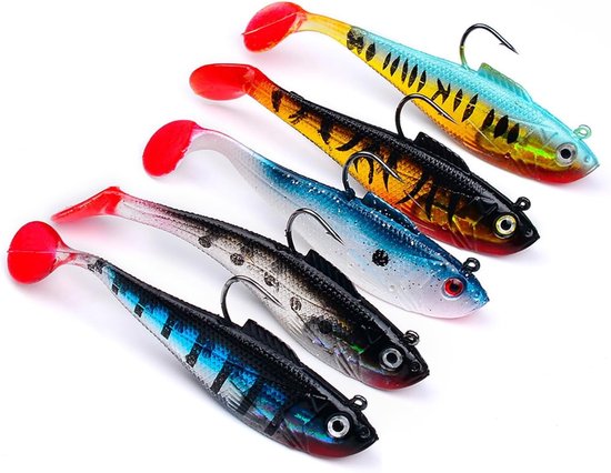 Vijf rubberen visaas met loodkop voor forel, snoekbaars en baars - Paddle tail voor zoet en zout water (11 cm)