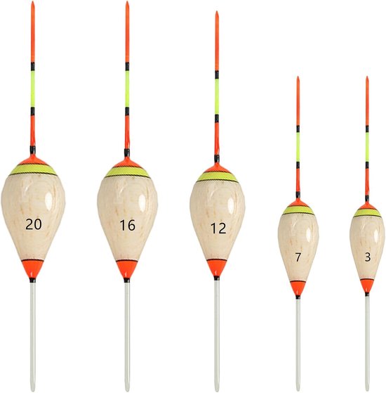 Vijf stuks dobbers voor de wintervisserij - Houten bobbers voor beginners, accessoires en verschillende maten